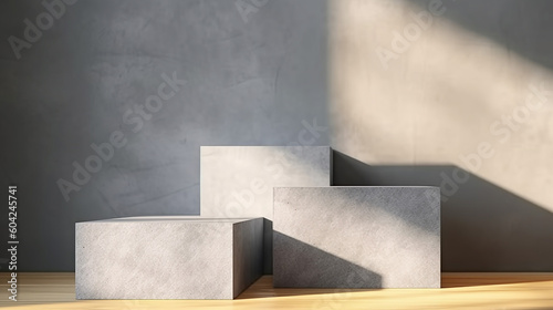 Three square geometric design step concrete podium. 