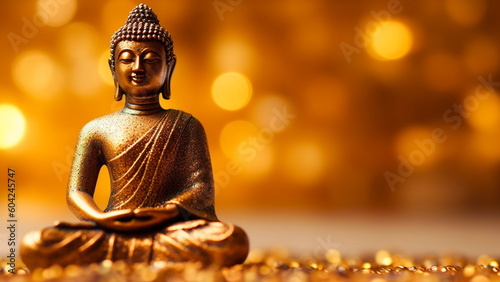 Golden buddha statue on golden background with blurred stardust with Generative AI.
