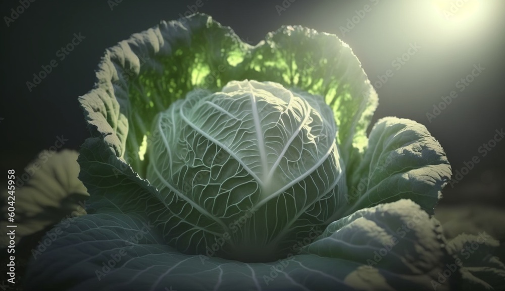 Obraz premium A head of appetizing cabbage is illuminated .Generative AI.