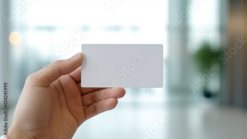 Hand holding white business card on blurred background with Generative AI. 