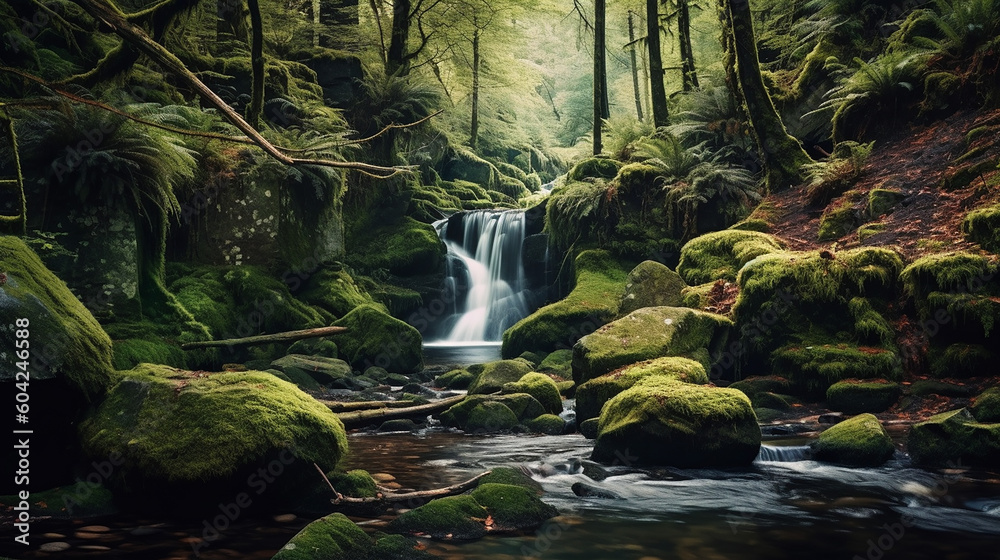 Waterfall with rocks and green moss in the forest. Generative AI