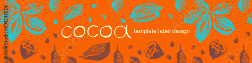 Chocolate label template with cocoa beans pattern seamless with cacao bean hand drawn illustrations. Chocolate packaging design, cocoa powder label, organic cacao butter backdrop. Cocoa cosmetics.