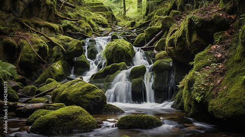 Waterfall with rocks and green moss in the forest. Generative AI