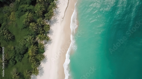 Tropical beach with white sand and palms, top view 