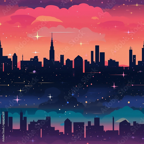 Seamless pattern of colorful cityscape with pink sunset sky created with Generative AI technology