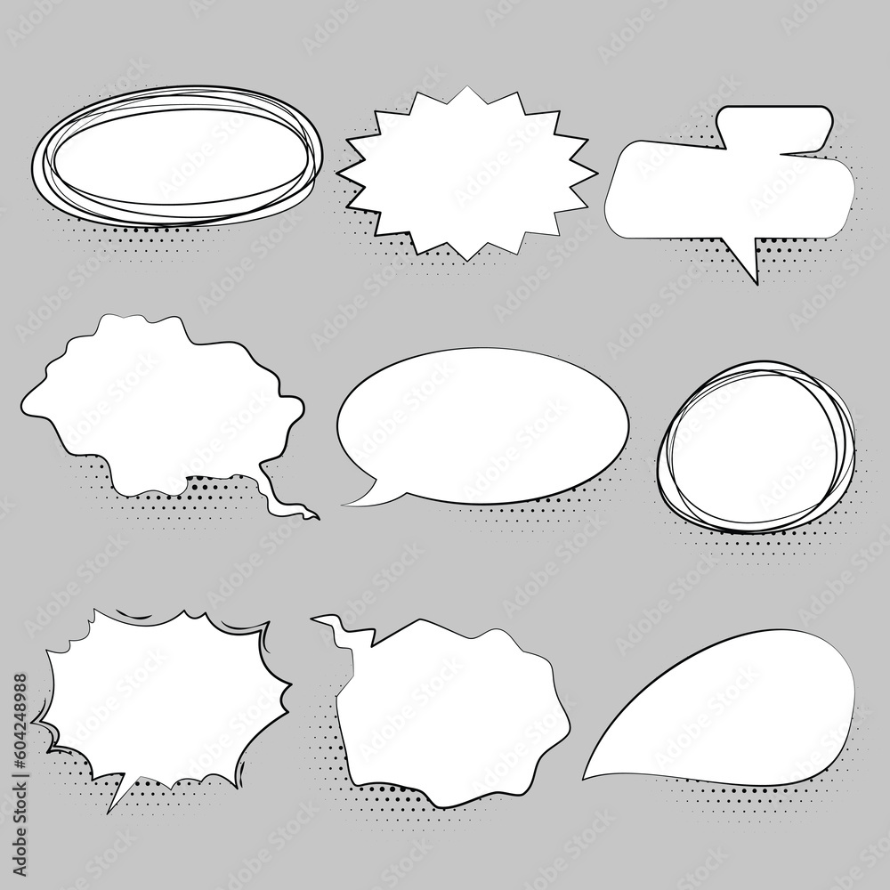 Obraz premium Set of Speech Bubbles. Hand Drawn. Empty cloud of comic book dialog space. Vector illustration.