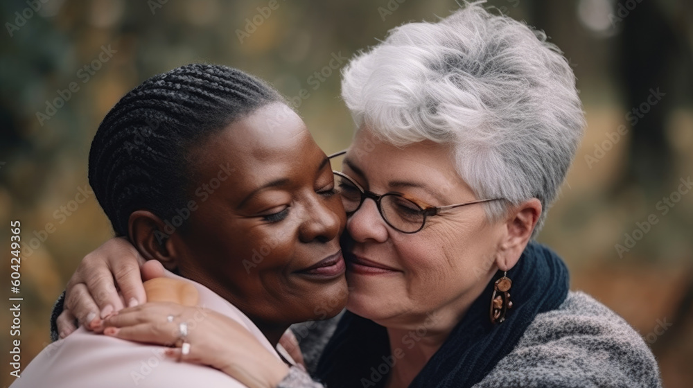 Old women lesbian couple. Black and Caucasian female in love. LGBT pride month celebration generative ai Old women lesbian couple. Black and Caucasian female in love. LGBT pride month celebration generative ai
