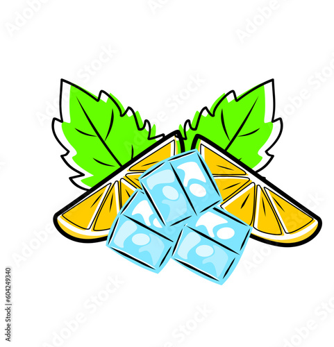 orange or lemon slice vector illustration icon with ice cubes
