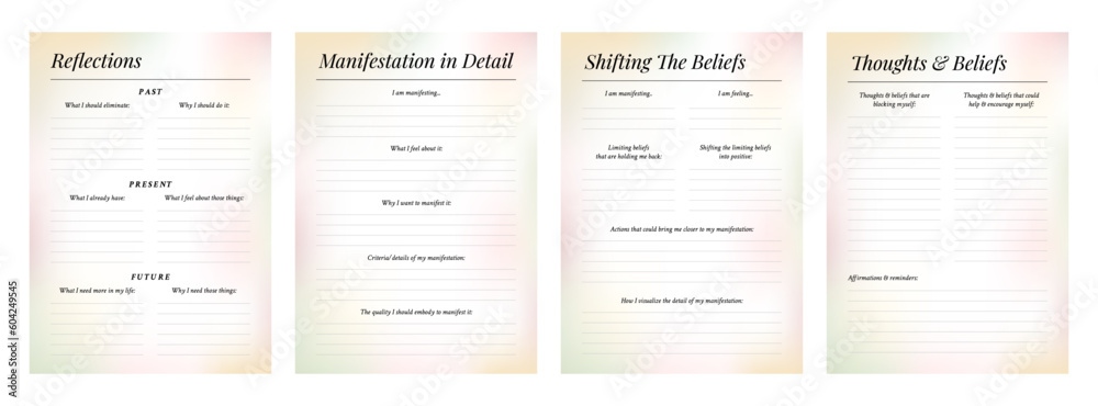 Fototapeta premium Set of printable gradient vector manifestation, affirmation, gratitude planner template set for journaling, self-reflection, self care, poster, shadow work, or coaching