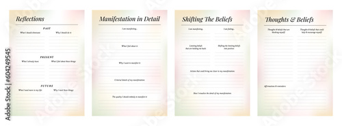 Set of printable gradient vector manifestation, affirmation, gratitude planner template set for journaling, self-reflection, self care, poster, shadow work, or coaching