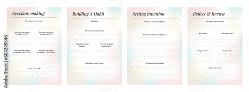 Set of printable gradient vector manifestation, affirmation, gratitude planner template set for journaling, self-reflection, self care, poster, shadow work, or coaching
