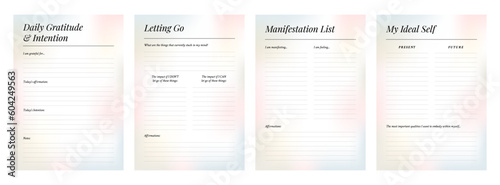 Set of printable gradient vector manifestation, affirmation, gratitude planner template set for journaling, self-reflection, self care, poster, shadow work, or coaching