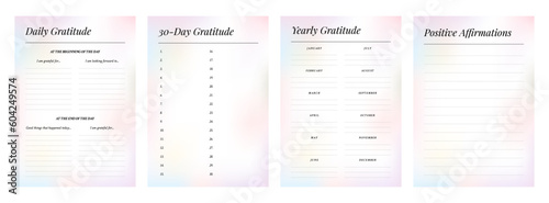 Set of printable gradient vector manifestation, affirmation, gratitude planner template set for journaling, self-reflection, self care, poster, shadow work, or coaching