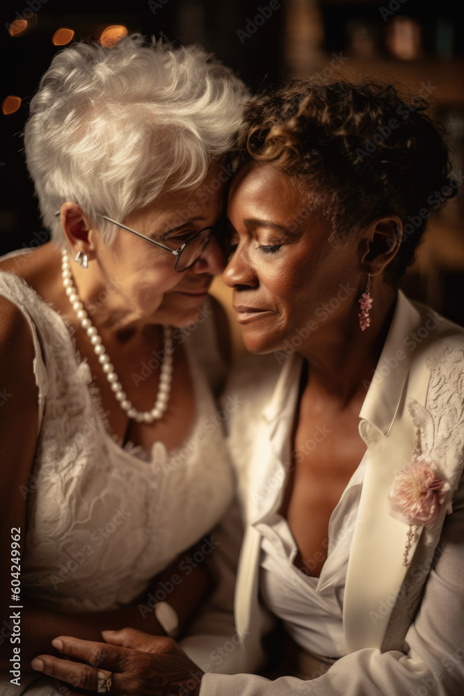 Fototapeta premium Old women lesbian couple. marrage Black and Caucasian female bride in love. LGBT pride month celebration generative ai