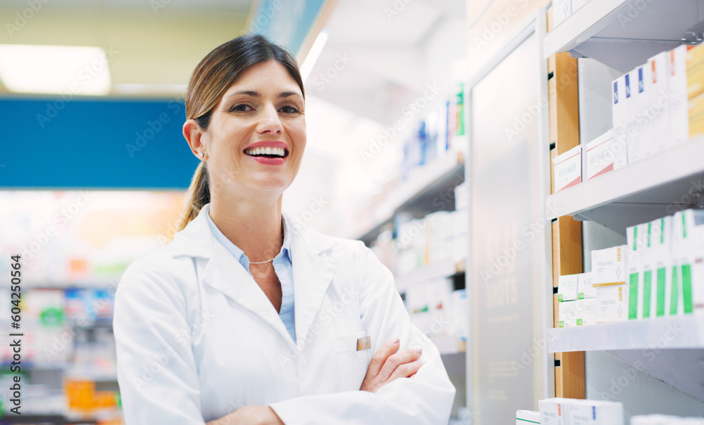 Pharmacy shelf, portrait and happy woman, arms crossed and pharmacist in drugs store, dispensary or retail shop. Hospital commerce store, medicine product and person confident in service clinic