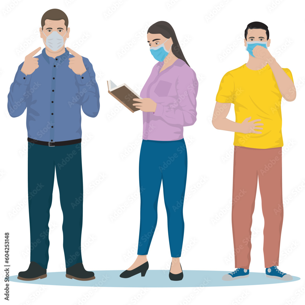 Fototapeta premium color set with three masked people in vector and illustration