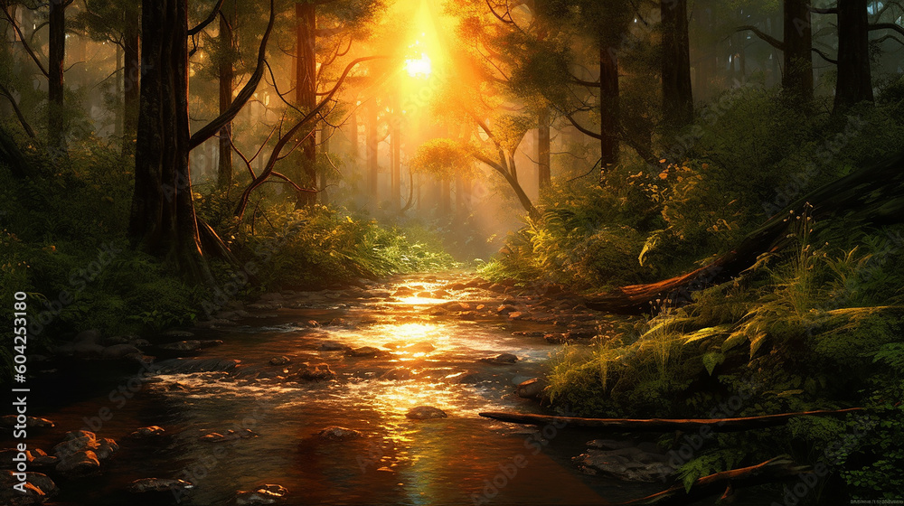 Green forest and forest stream at sunset. Generative AI