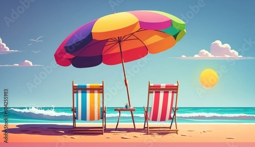 Chairs and umbrella on the beach on island vacation holiday.Generative AI.