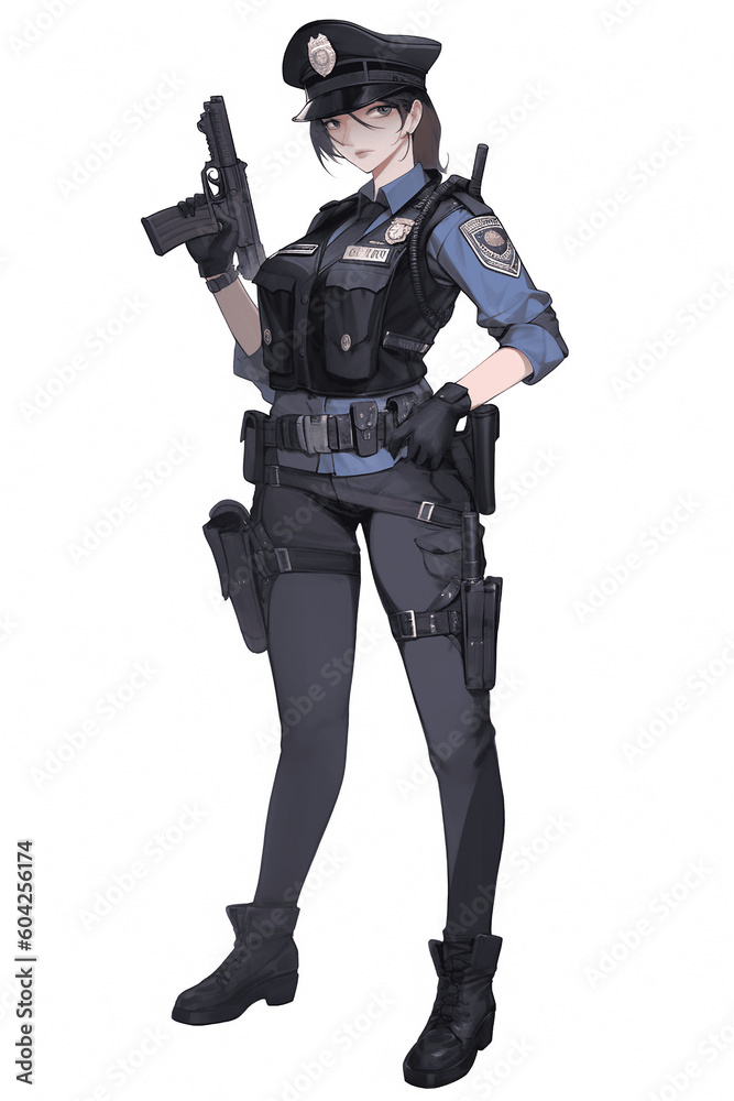 警察官(婦警)の女性キャラクターの全身イラスト(AI generated image)