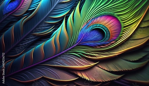 Elegant leather colorful peacock feather background, 3d .Generative AI. © ALIF