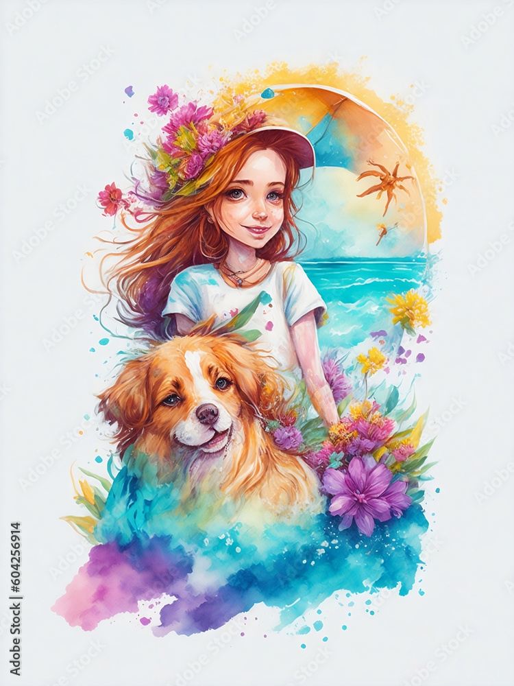 illustration of a summer sea beach girl holding a dog flower splash. Generative AI.
