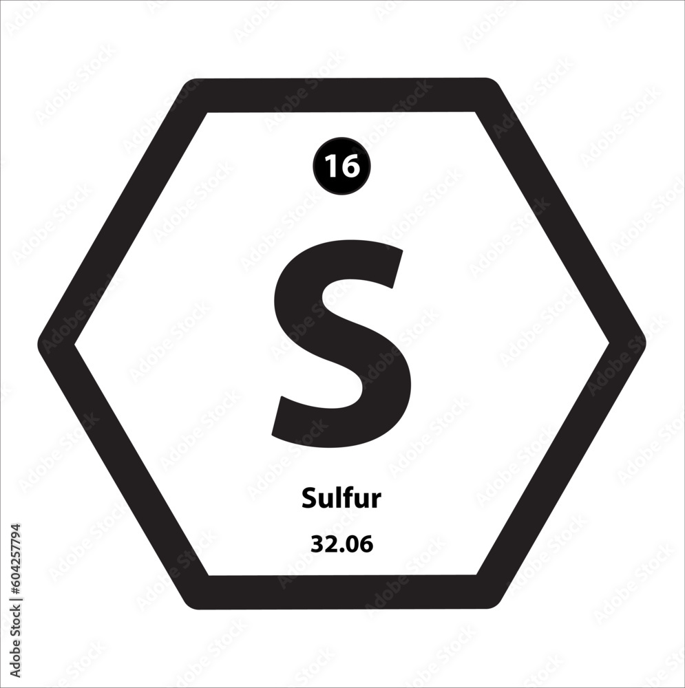 Icon structure Sulphur (S) chemical element icon hexagon shape black border white background. Cesium is a chemical element with atomic number and symbol. Study in science for education. Icon structure Sulphur (S) chemical element icon hexagon shape black border white background. Cesium is a chemical element with atomic number and symbol. Study in science for education.