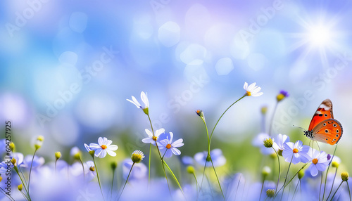 Beautiful blurred spring nature background with blooming meadow and blue sky on a sunny day. Generative AI