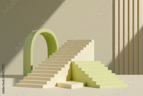 Canvas Print Minimal abstract scene with white and pastel green stairways and arch on gray wall background
