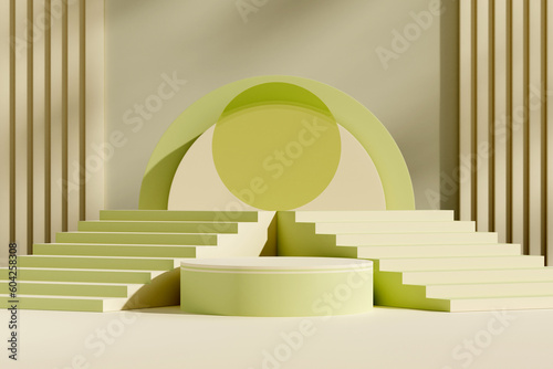 Fotografija Blank showcase mockup with empty podium, stairways and arch decorated on abstract background
