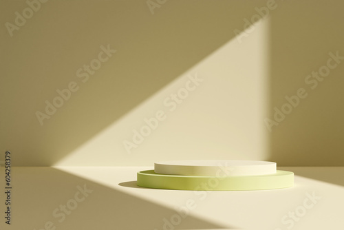 Cylinder abstract minimal scene with geometric platform on wall background with light streaks from the window. Space to show cosmetic products. 3d rendering photo