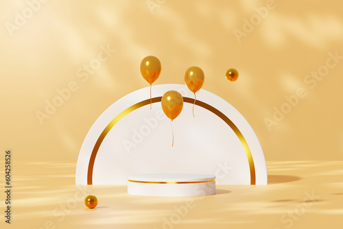 Blank minimal design with geometric object and yellow balloons on beige background. Natural tree leaves silhouette on smooth wall background. Empty podium for display product photo