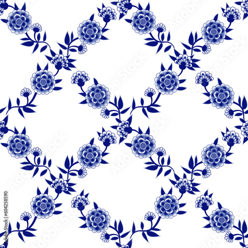 .Blue and white abstract flowers. Vector seamless pattern. Floral texture on a white background.  Chinese style design. . © INESA
