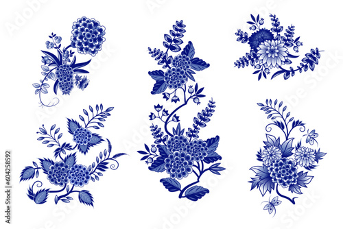 .Set of isolated blue and  white Chinese style bouquets(various flowers, leaves, twigs, curls, berries). Vector clipart. Isolated design objects.