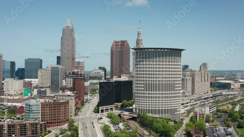 Cleveland Ohio downtown skyline 4K drone truck left wide shot