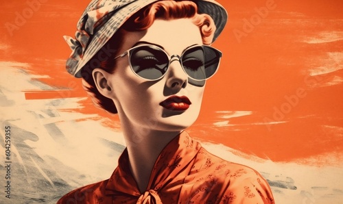 Young fashion woman wearing 60s retro style clothes, 60s poster.