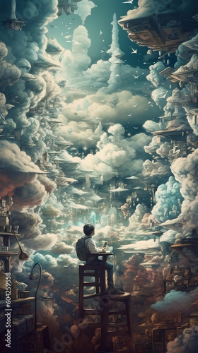 Astronauts are sitting on the edge of the city in the sky, and the dreamy sky is in the distance. illustration style