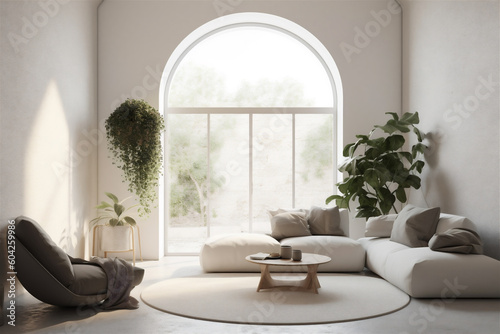Modern comfortable minimalist living room interior in light tones