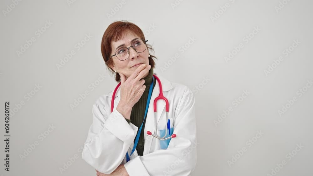 Mature hispanic woman doctor standing with doubt expression thinking over isolated white background Mature hispanic woman doctor standing with doubt expression thinking over isolated white background
