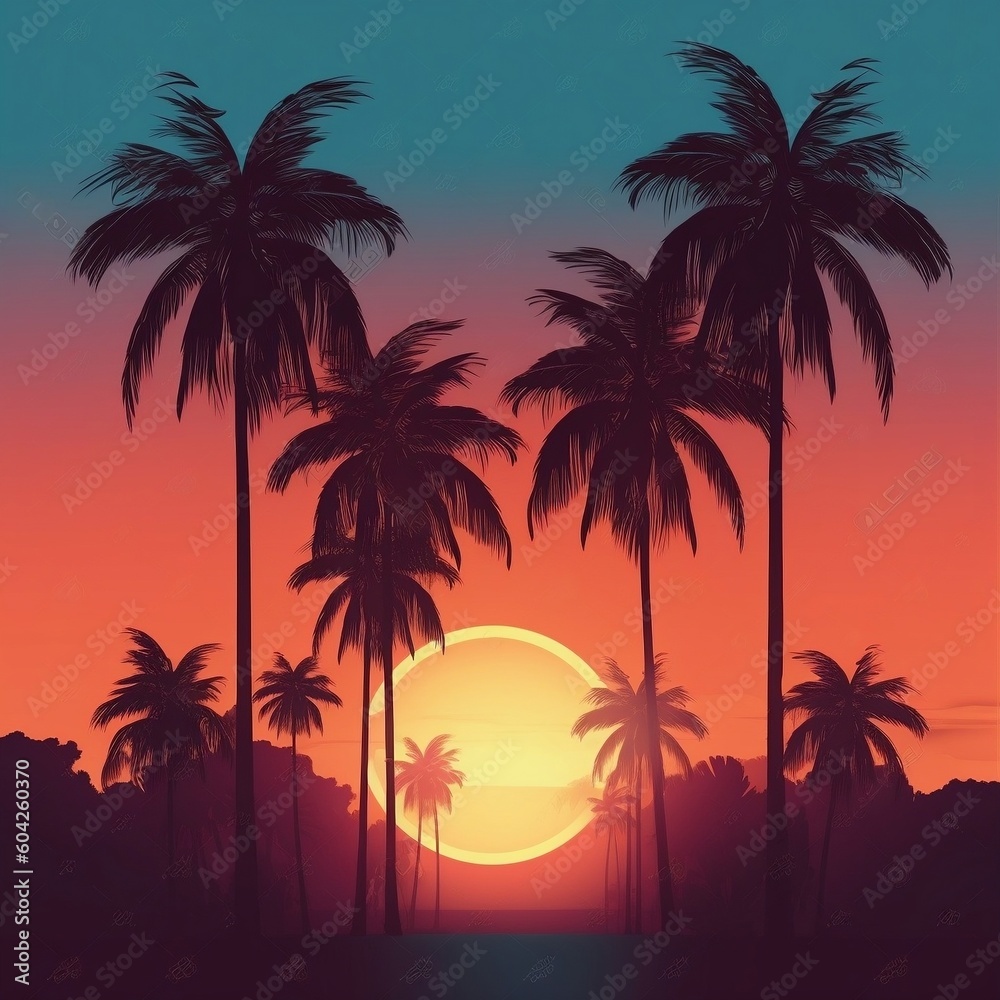 Tropic Palms Silhouettes Against the Sunset Sky. AI