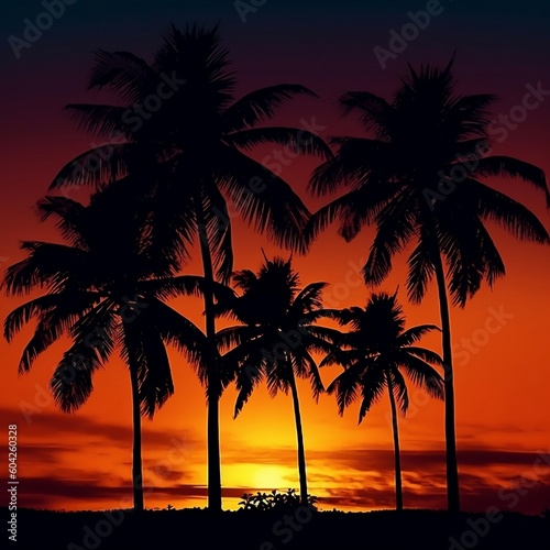Tropic Palms Silhouettes Against the Sunset Sky. AI