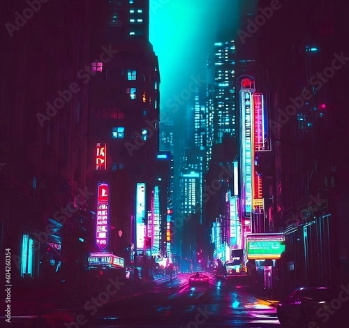 Vista desde una calle en una noche oscura iluminada por luces ne  n