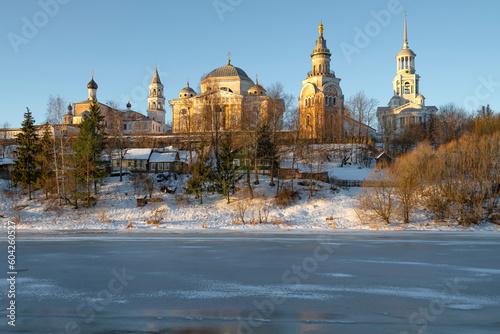 Ancient Novotorzhsky Borisoglebsky monastery in winter morning landscape. Torzhok, Tver region. Russia