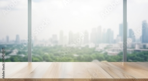 Wooden table top on blur window glass with city view  product display concept  Generative Ai