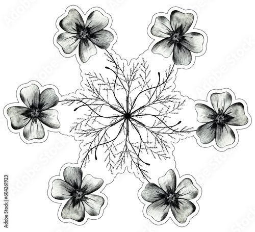 Black and White Hand Drawn Marigold Flower Round Composition Sticker Isolated on White Background. Marigold Flower CompositionSticker Drawn by Black Pencil.