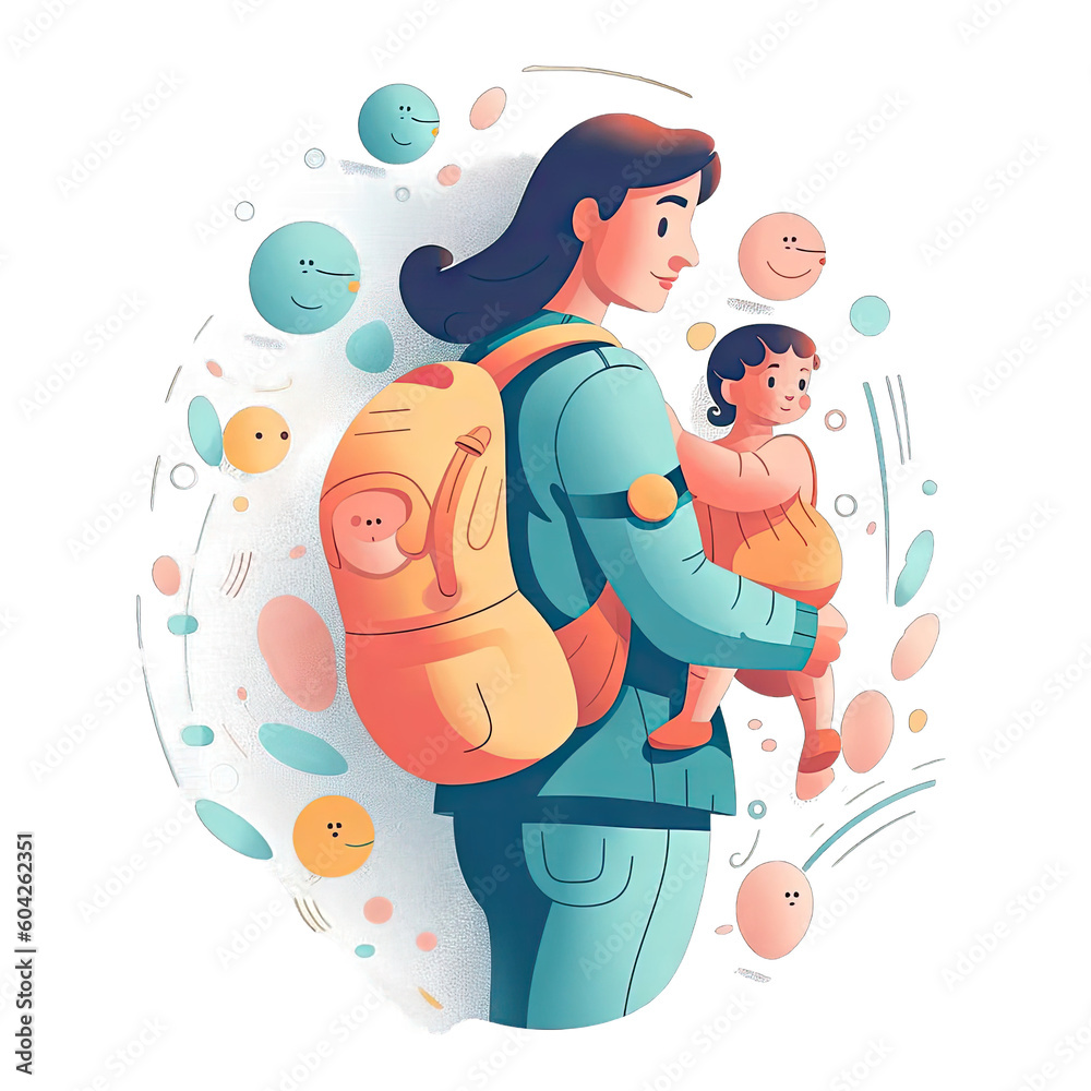Fototapeta premium Loving parent with baby carrier with diaper bag - Plasticine Illustration 3