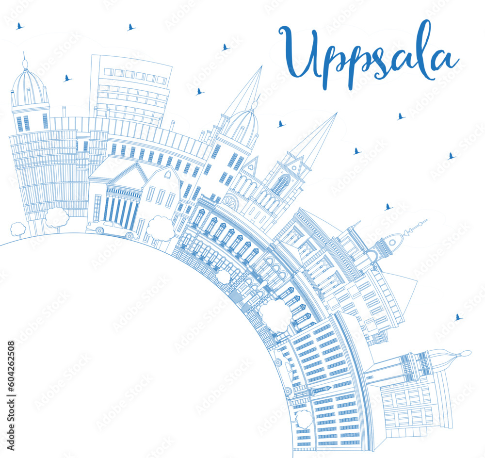 Outline Uppsala Sweden City Skyline with Blue Buildings and Copy Space. Vector Illustration. Uppsala Cityscape with Landmarks.