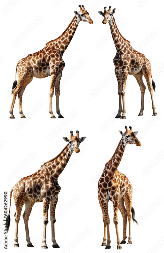 Fototapeta premium illustrated images of full giraffes on a transparent background, Generative AI