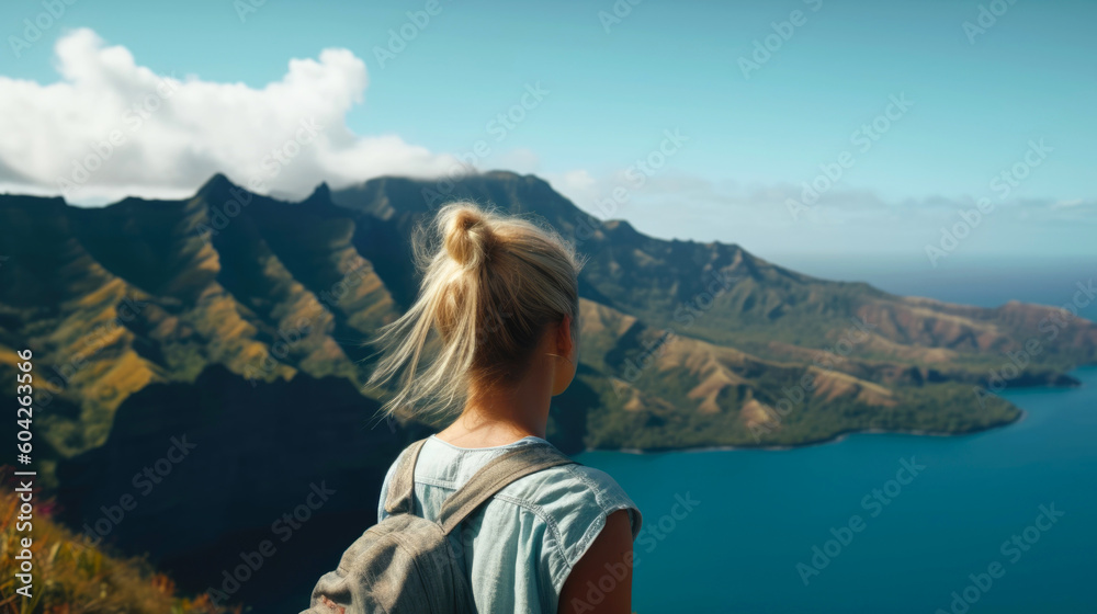 Portrait of a beautiful blonde traveler woman with a blue T-shirt looking at a lake in the valley. Mountain forest landscape in summer on the background of the sky with clouds. Generative AI.