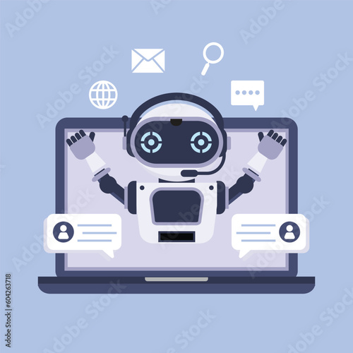  Chatbot online on laptop computer. Artificial intelligence in daily life