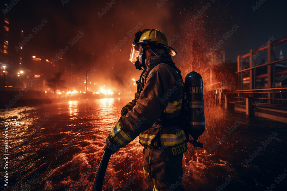 Strażak gaszący płonący budynek - obrazy, fototapety, plakaty 